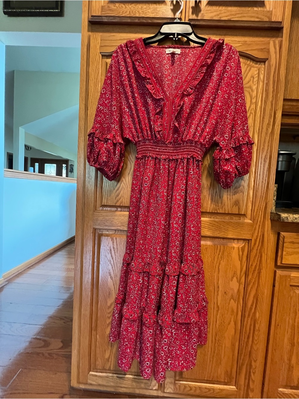 Max Studio Red Floral V-Neck Smocked Waist Tiered Midi Dress